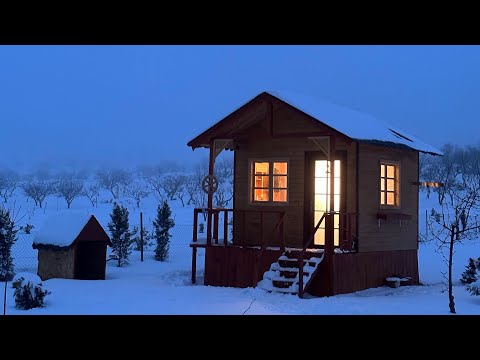 Winter Camp in Wooden House / Snowfall, Heavy Rain and Wind