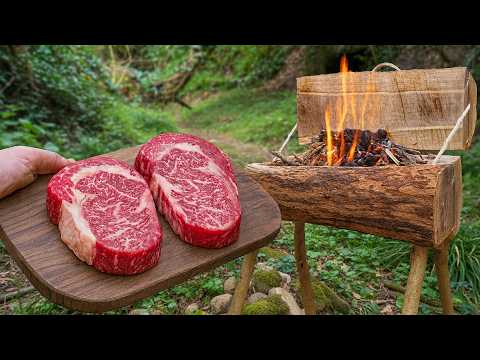 Wild Steak Cooking on a Hand-Built Log Grill Bushcraft