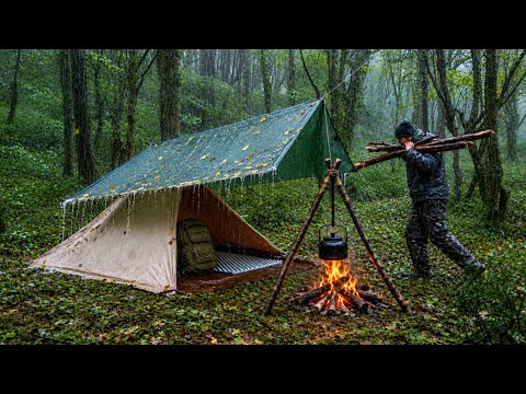 Cozy Shelter Camping in Heavy Rain A Rainy Night in the