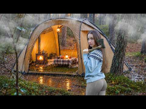 40 HOURS SOLO CAMPING IN POURING RAIN COZY WOOD STOVE ASMR