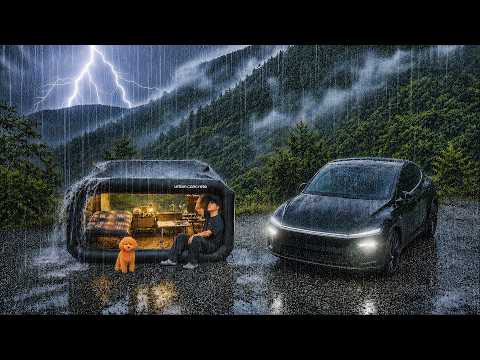 Heavy Rain Camping in a Tesla Model Y Juniper with My Dog