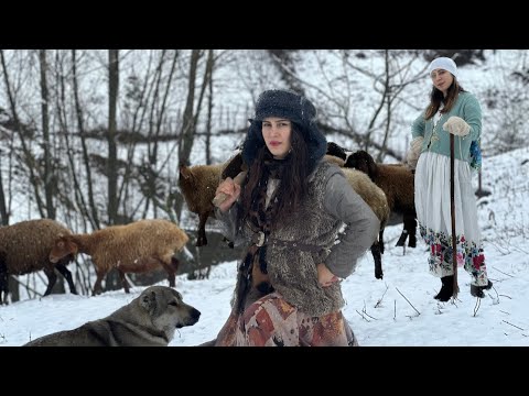 Snowy day village: cooking chicken with vegetables