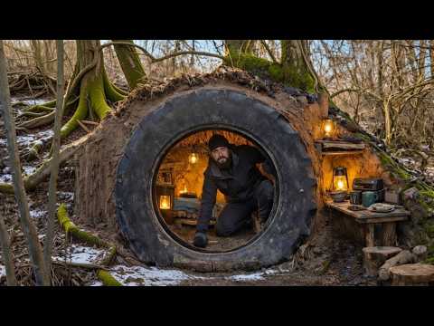 Building a Hidden Bushcraft Shelter Inside a Tractor Tire