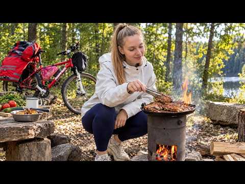 Solo Bike Camping in the Forest - Cooking Meat on a Wood
