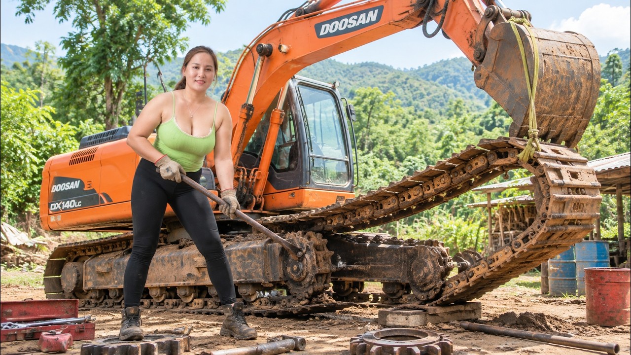 Young woman repairs and replaces a Doosan excavator track