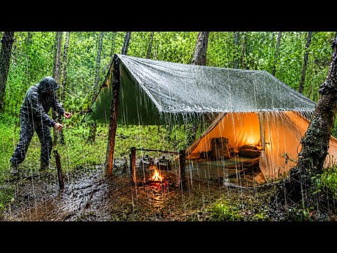 24 Hours Camping in Heavy Rain Cozy Tarp Camp