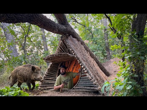 Building a Bushcraft Shelter Under a Fallen Tree Survival