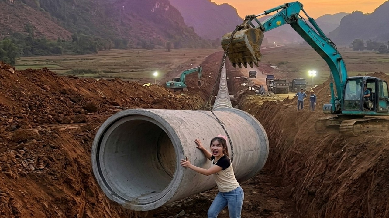 Excavator digging a pond, installing drainage pipes