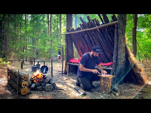 Building a New Log Shelter Camp in the Forest Outdoor