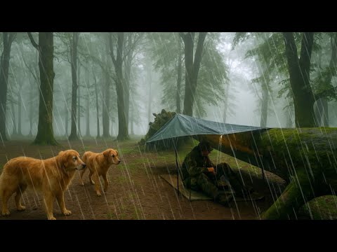 Surviving under a fallen tree in heavy rain – Camping in