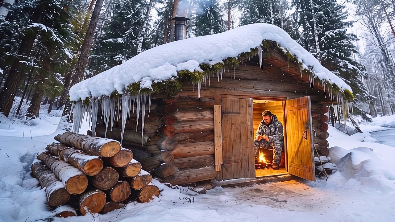 Man Builds A LOG CABIN Alone And Survives Heavy Snow