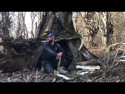 Building a Warm Survival Shelter Inside a Giant Tree -no