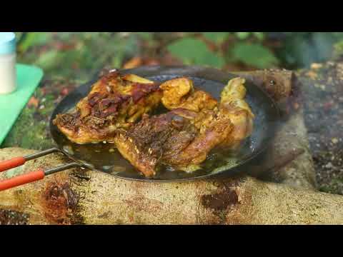 Cooking to survive in a large fallen tree Chicken leg