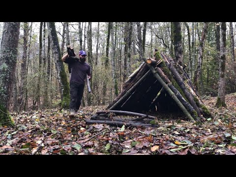 bushcraft winter camping in forest- survival skills: