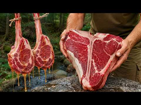 Cooking T-Bone Steak on HOT STONE in the Forest Bushcraft