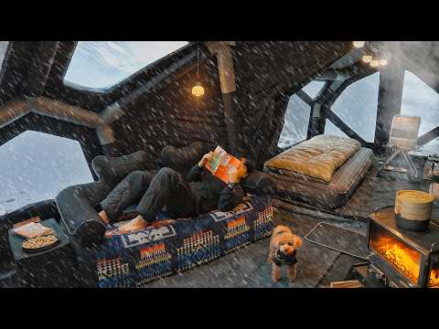 Camping in Snow with My Dog Relaxing in the Inflatable