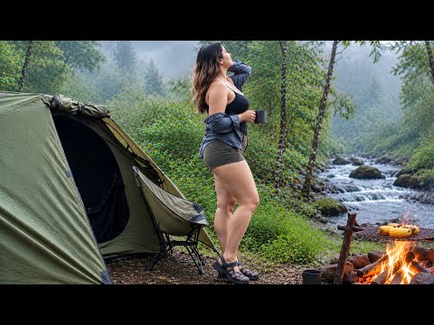 SOLO GIRL CAMPING in the Wilderness Cozy Campfire Camping