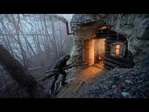 Building a Cozy Cave Cabin in 24 Hours Alone in the