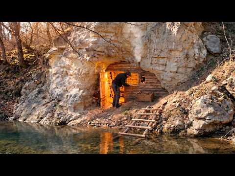 I Built a Cabin Inside a Cave by the River Solo Night ASMR