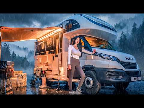 RAINY CAMPING IN A MASSIVE 3-ROOM LUXURY MOTORHOME