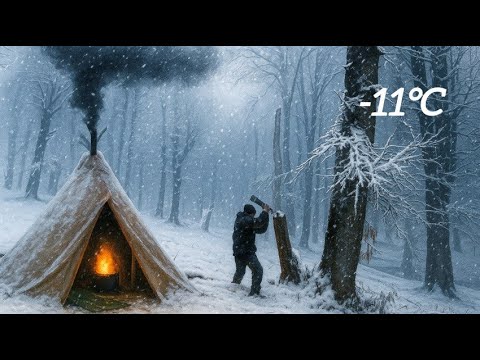 Snowy Night in Wild Camp 1390m Survival in the Mountain