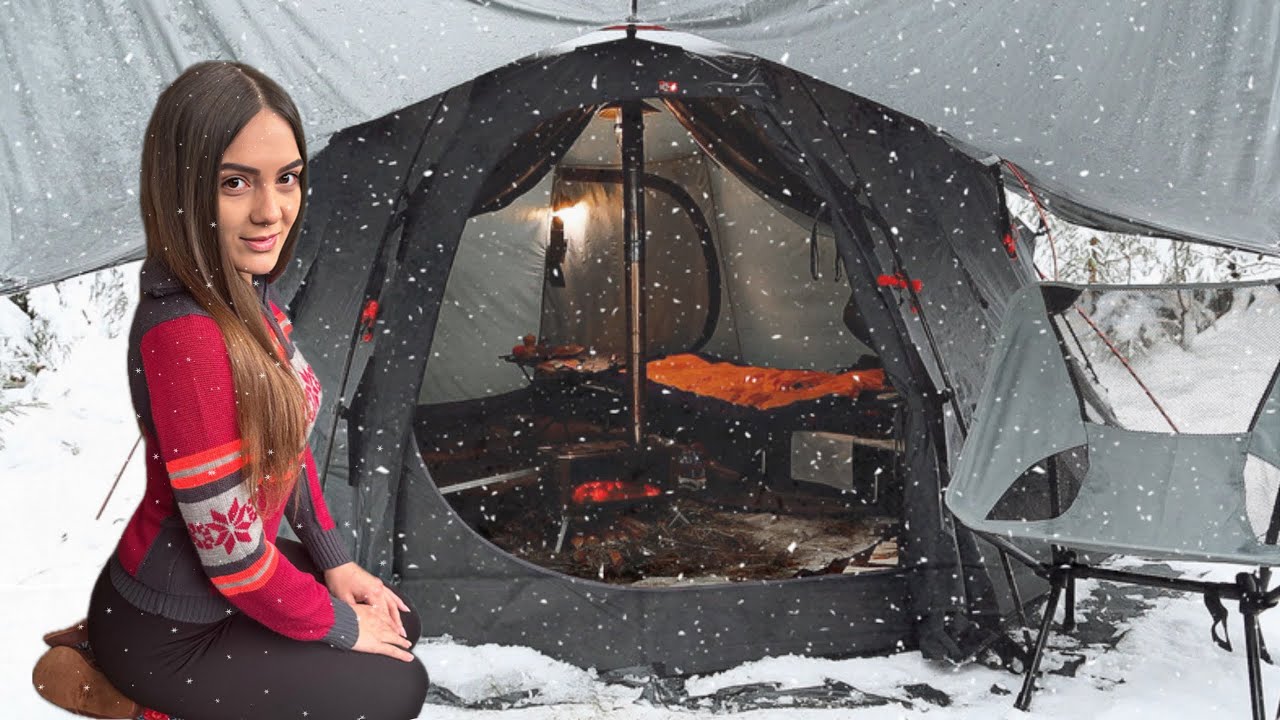 Winter Camp in Hot Tent overnight Solo camping in a