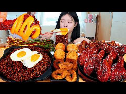 ASMR MUKBANG 직접 만든 짜파게티 양념치킨 치즈볼 만두 먹방 & 레시피 FRIED CHICKEN