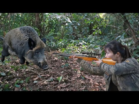 making bamboo guns, hunting wild boars, building shelters
