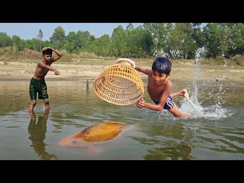 নদীর অল্প পানিতে প্রচুর মাছ শিকার / Village river fishing