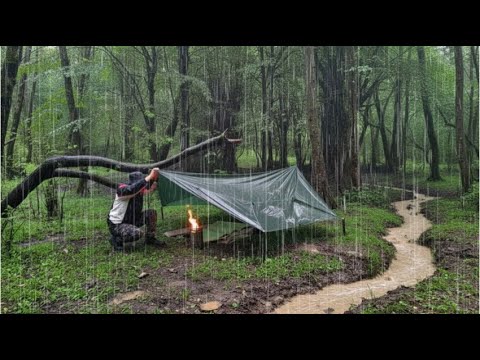 Jungle Camping in Heavy Rain Facing a Sudden Flood