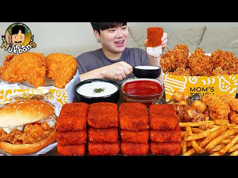 ASMR MUKBANG 맘스터치 양념 치킨먹방 치즈 햄버거 치즈스틱 후라이드치킨 & 레시피 CRISPY