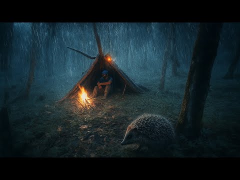 solo camping and bushcraft in rain forest: building cozy