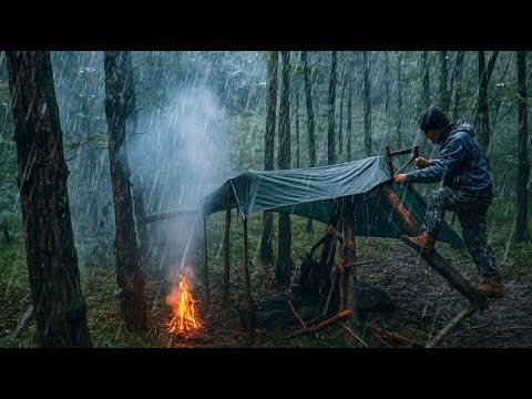 Solo bushcraft camp in heavy rain - Building a survival
