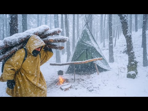 Winter Camping in a Bushcraft Shelter - Cooking and