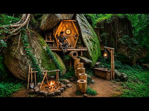I Built a Secret Bushcraft Survival Shelter Between Giant