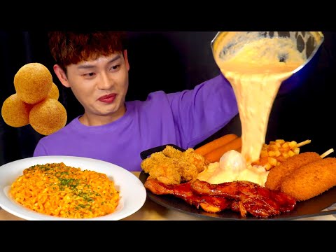 ASMR 불닭치즈퐁듀감자핫도그 닭다리구이 까르보불닭볶음면 먹방Spicy Cheese Falls With