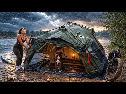COZY SOLO CAMPING IN THE RAIN WITH A DOG ON A SANDY RIVER