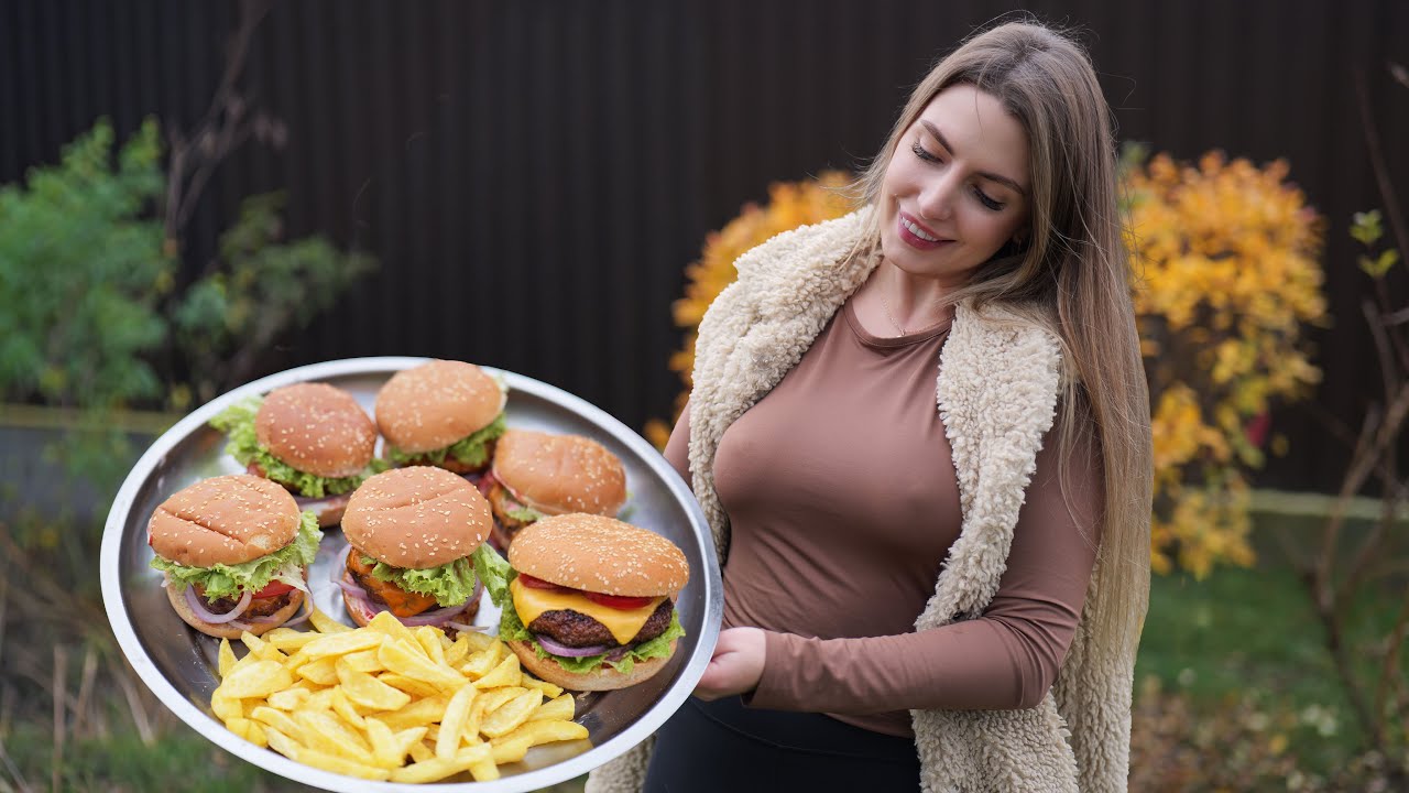 Cooking Juicy Beef Burgers with Fried Potatoes