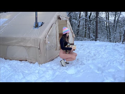 Solo Winter Camping in Heavy SnowGirl Alone in Forest by