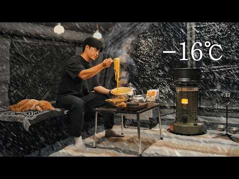 -16℃ Camping in Snow with My Dog 2-Room Inflatable Tent