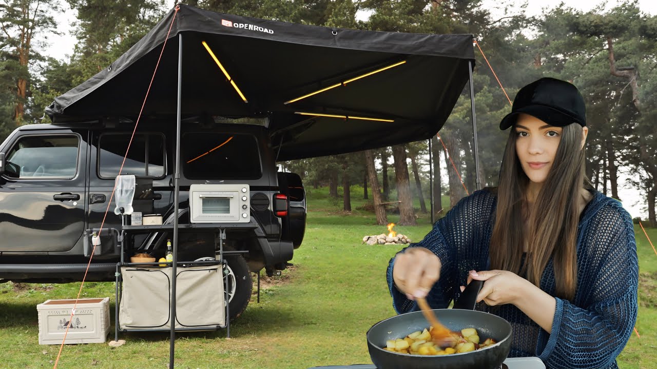 Her ASMR solo camping with New Tent & Oven by the Lake