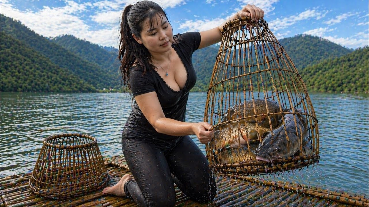 Beautiful Countryside Girl Harvests Big Fish with Bamboo