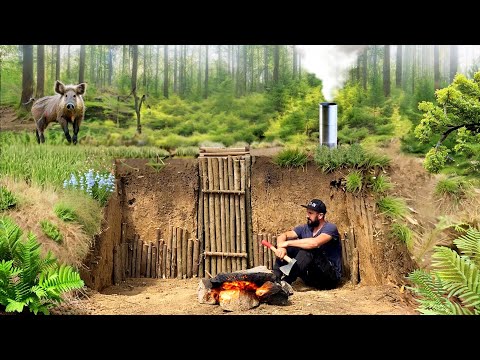 Building a dugout hiding in a shelter from a wild boar