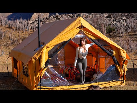 Solo Camping in a Luxurious Inflatable Hot Tent Relaxing