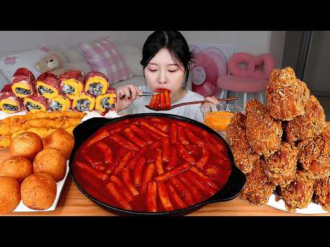 ASMR MUKBANG 직접 만든 떡볶이 후라이드 치킨 주먹밥 치즈볼 오징어튀김 먹방 & 레시피