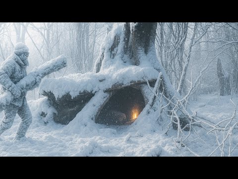 Trapped 2 Days in a -17°C Blizzard – Cabin, tree trunk