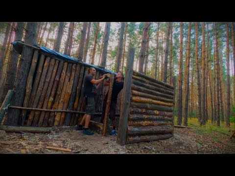 DIY LOG CABIN Bushcraft in the pine forest Cooking meat on