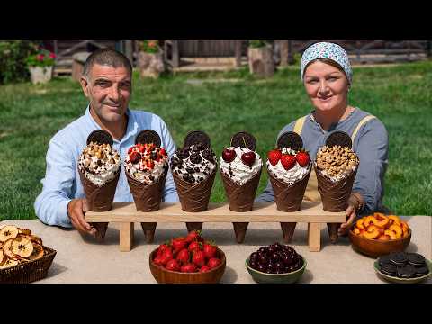 Creamy Ice Cream in Chocolate Cones with Caramel Nuts