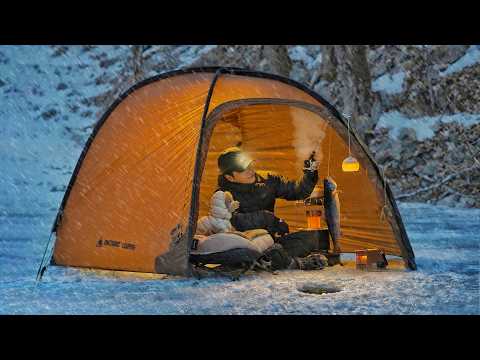 Winter Hot Tent Camping in the Snow with My Dog Ice