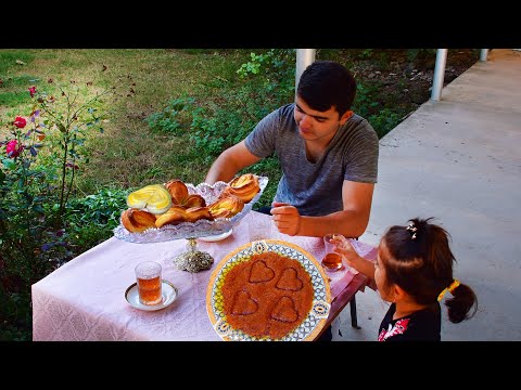Ordinary Family in The Village of Azerbaijan - Making Helva